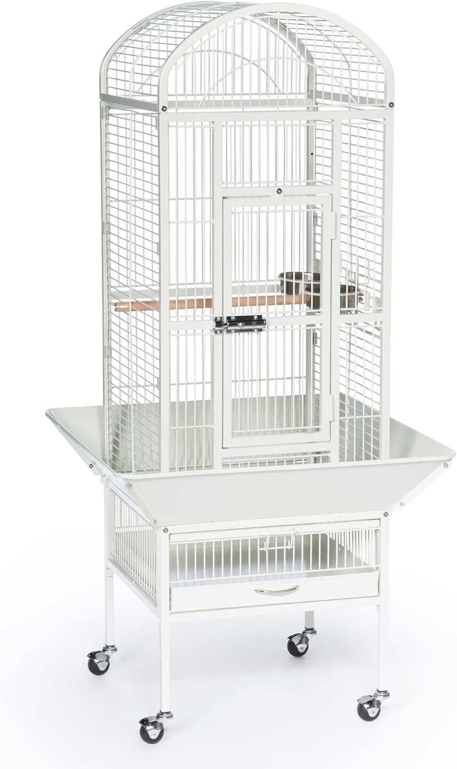 Chalk White Wrought Iron Bird Cage with Rounded Seed Guards and Rolling Stand