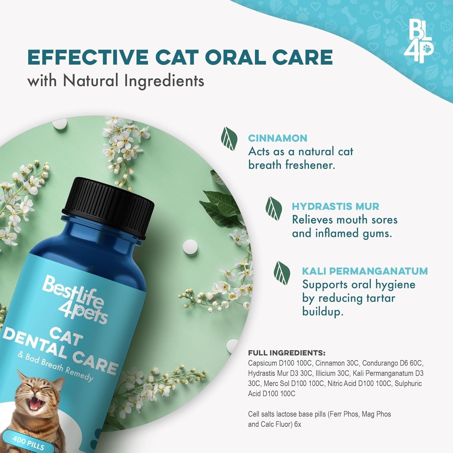 Natural Cat Dental Care & Fresh Breath Remedy - 400 Tiny Pills for Oral Health