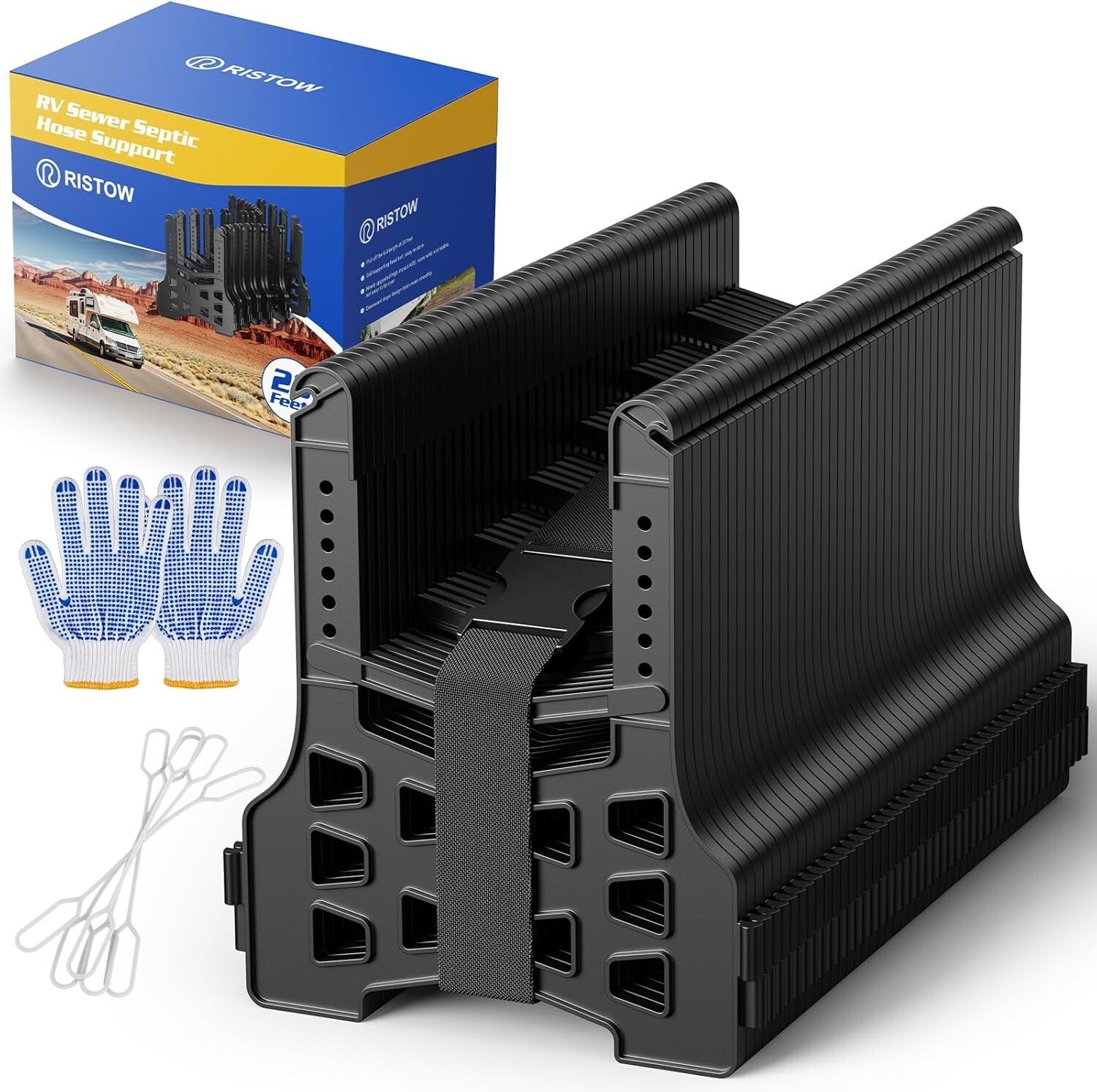 Efficient 20ft Height-Adjustable RV Sewer Hose Support, Black ABS Material