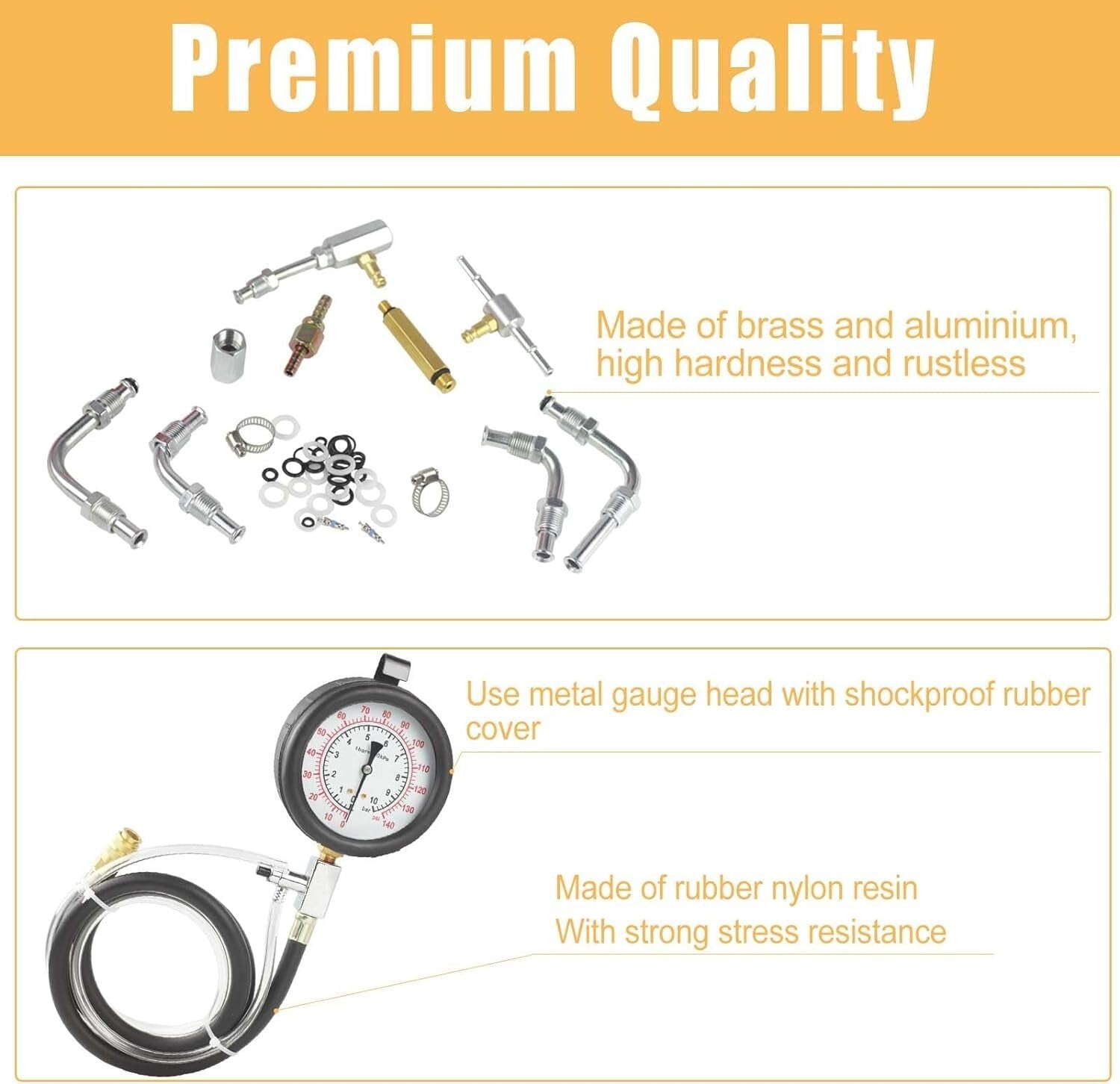 High-Precision 0-140 PSI Fuel Pressure Gauge Kit with Adapters & Tubing - 45PCS