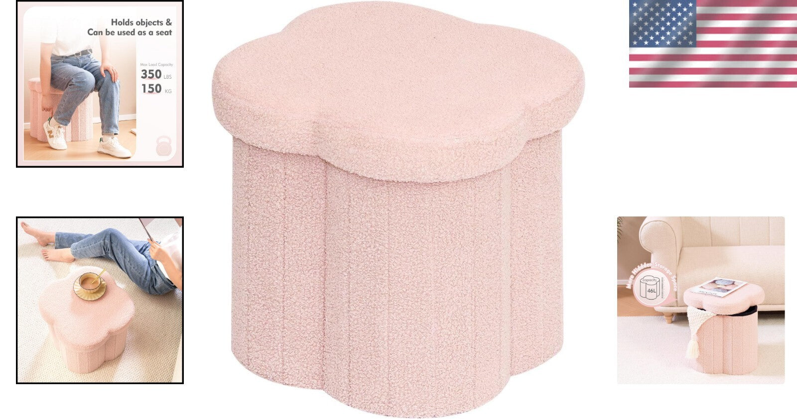 Elegant Boucle Footrest with Hidden Storage - 15" Flower-Shaped Cube Ottoman