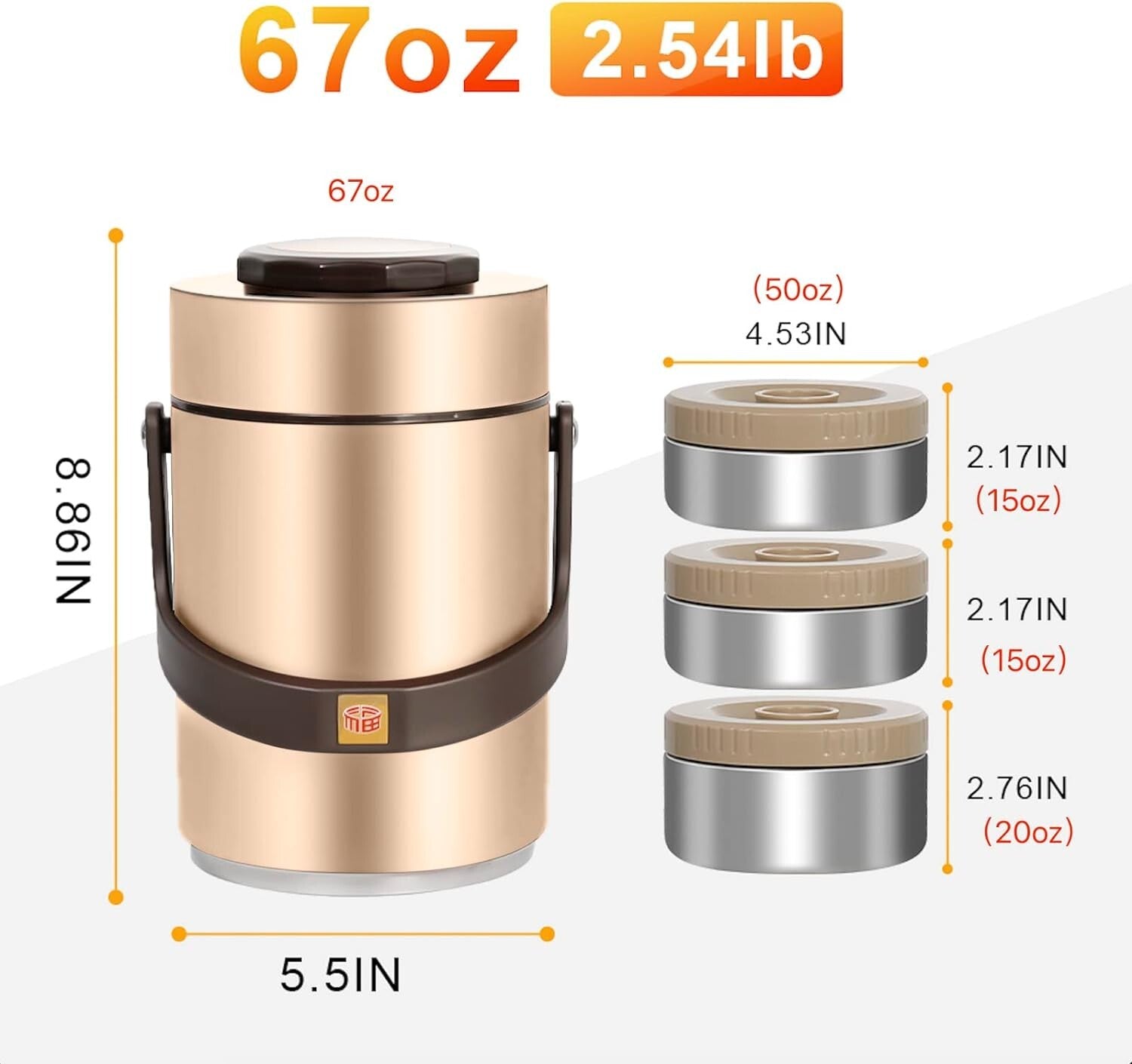 Adult-Friendly 67 oz Vacuum Insulated Bento Box with Three Section Containers