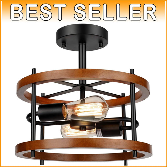 Rustic 2-Light Flush Mount in Vintage Wood & Black Metal - Ideal for Any Room