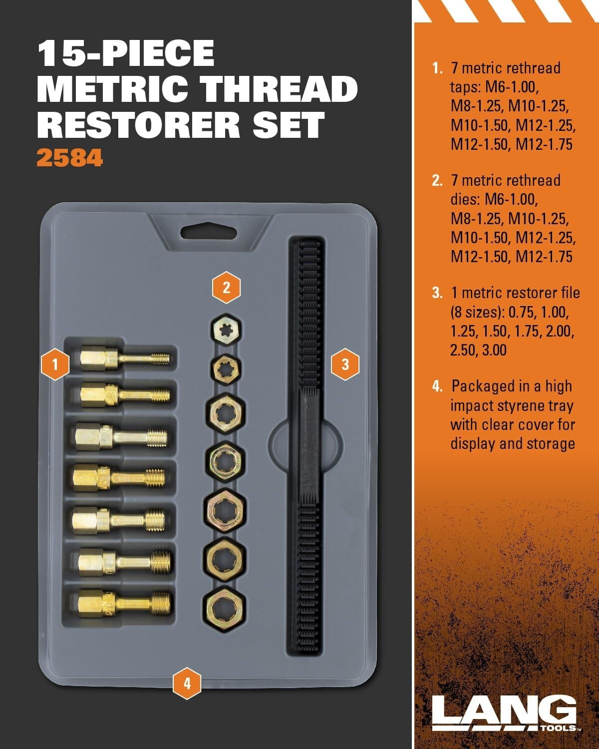 Durable 15-Pc Metric Thread Restorer Kit with Storage Tray - M6-M12 Sizes