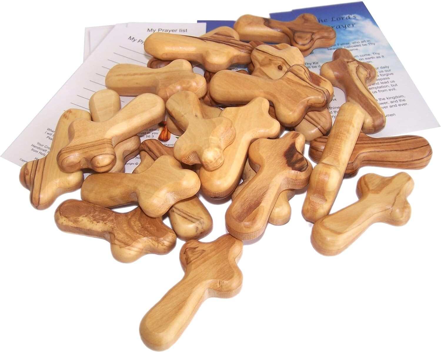 2.5 Inch Olive Wood Crosses with Certificates & Lord Prayer Cards - 25 Pack