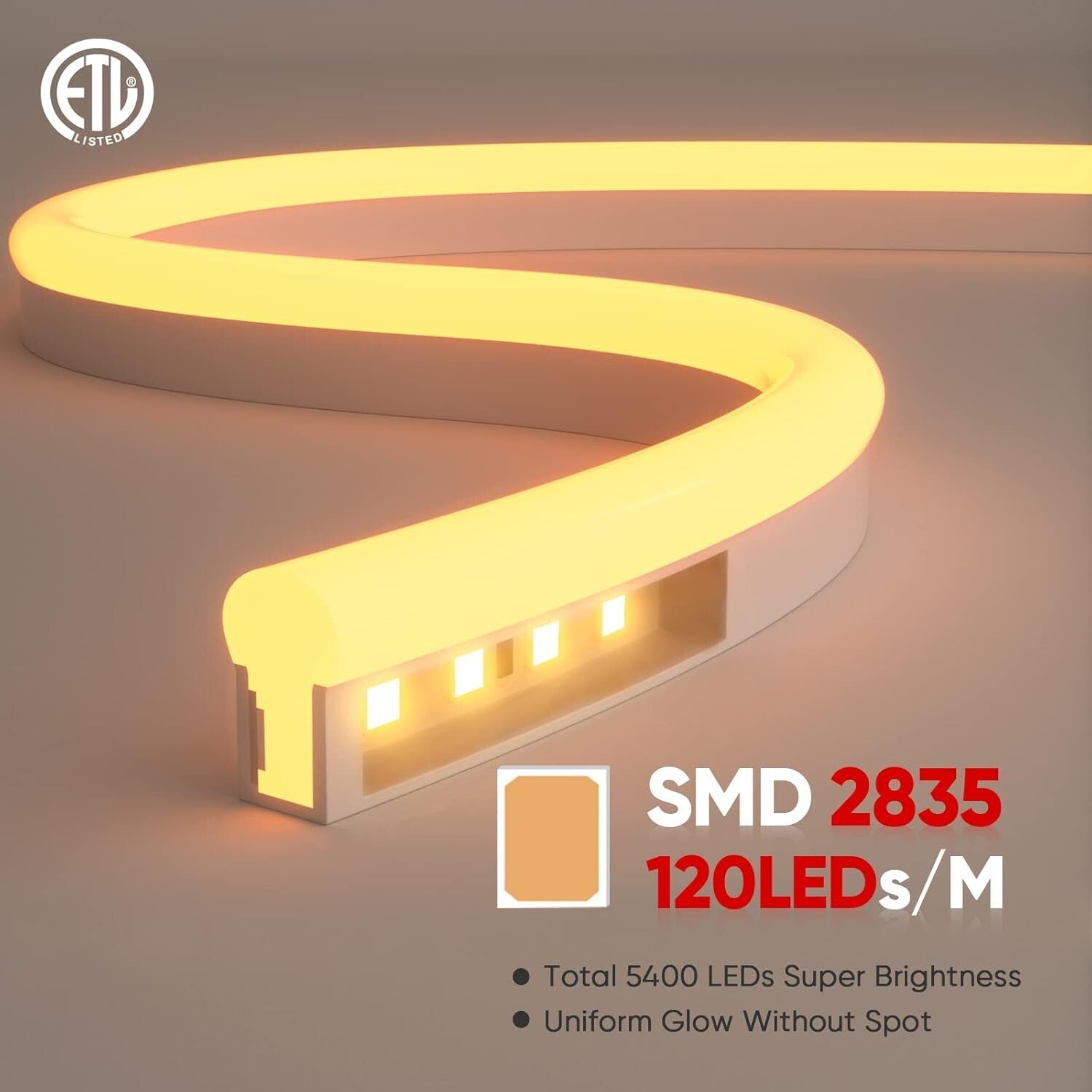 ETL-Listed 150FT LED Neon Rope Lights - 3000K Warm White, Waterproof & Flexible