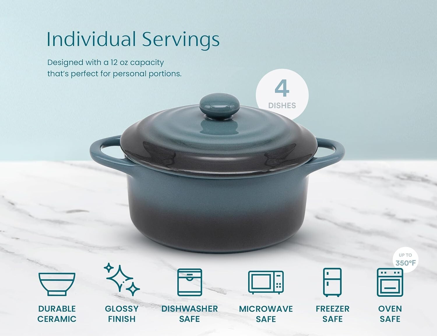 Durable Stoneware Cocotte Set - Individual 12 oz Dishes with Lids & Handles