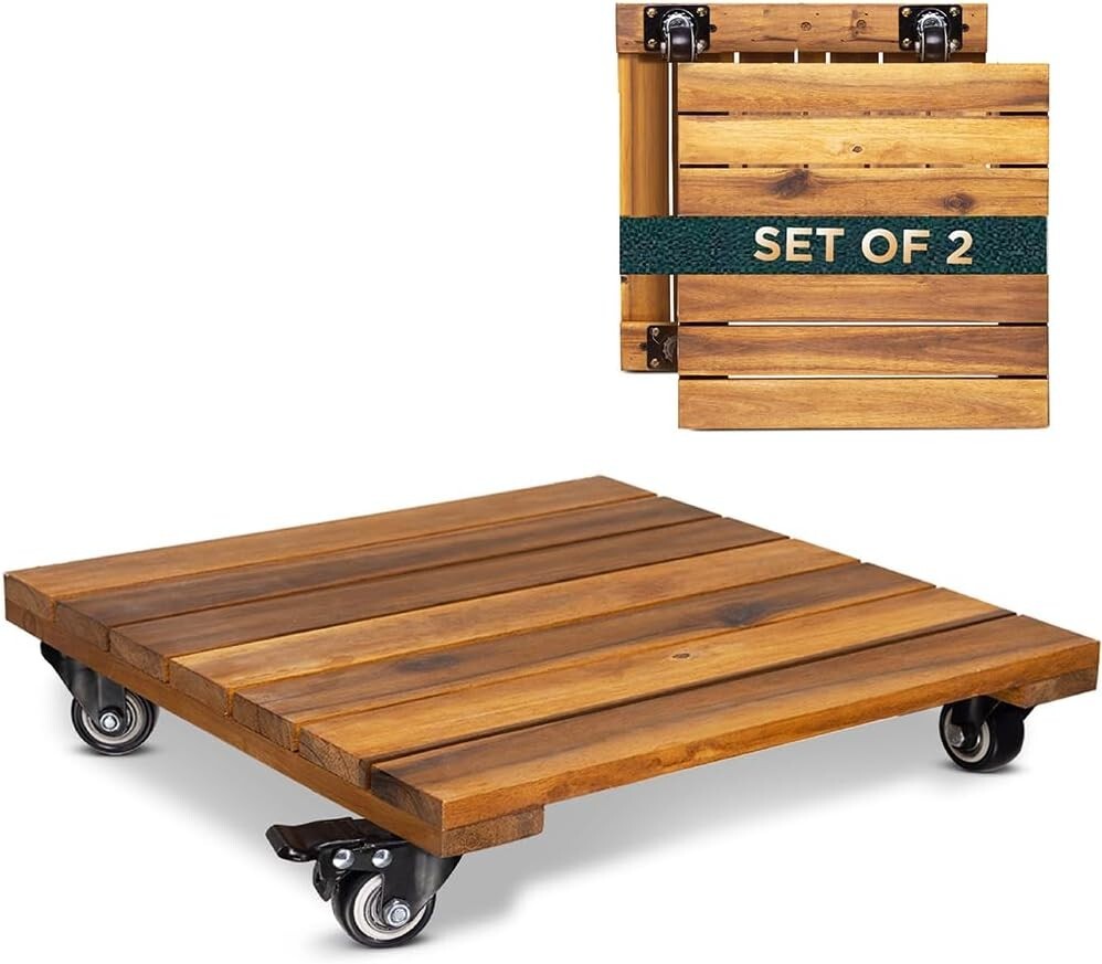 Elevate Your Gardening with 2-Pack 14 Inch Acacia Plant Caddies on Wheels