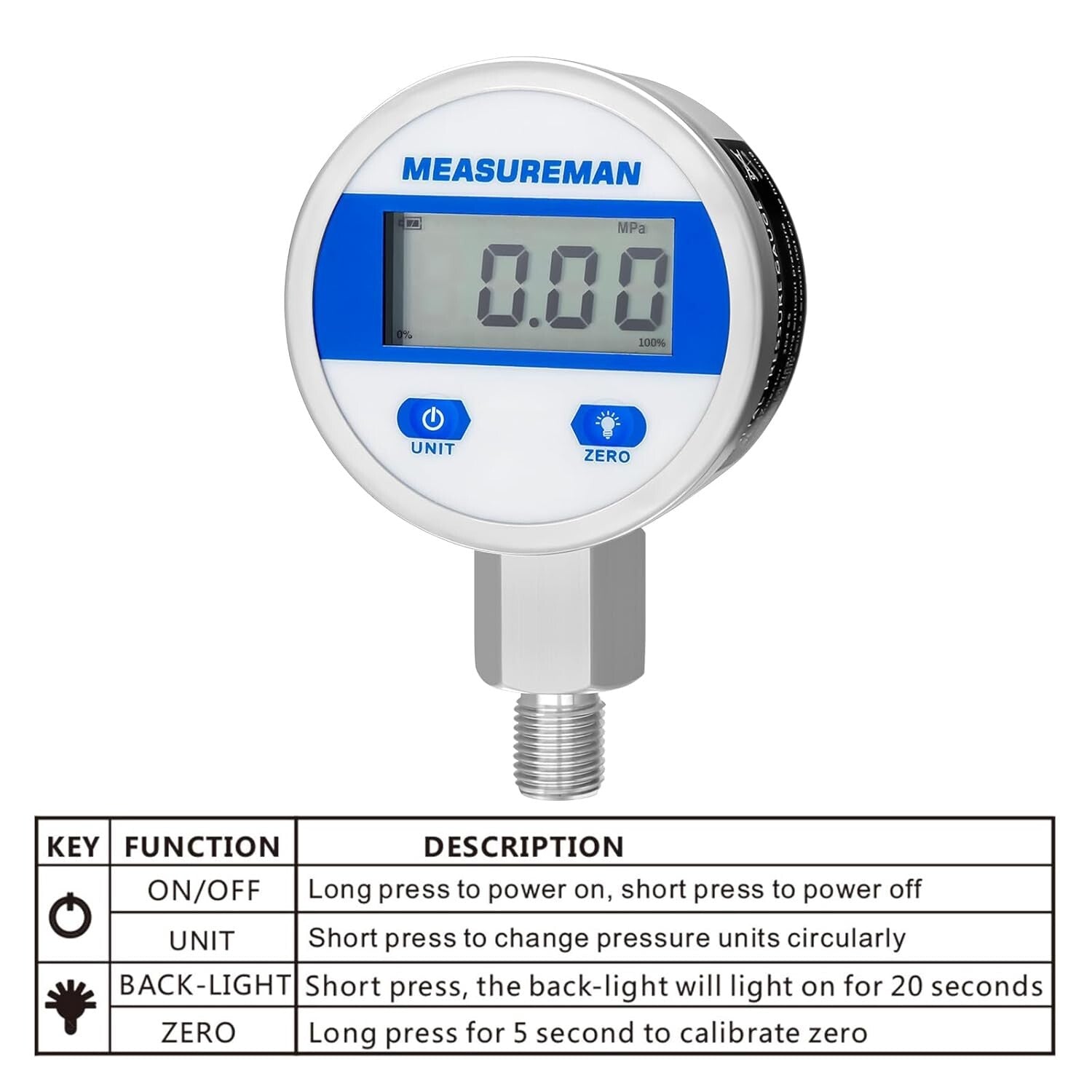Compact 200psi Digital Pressure Gauge with LED Light - Stainless Steel 1/4" NPT