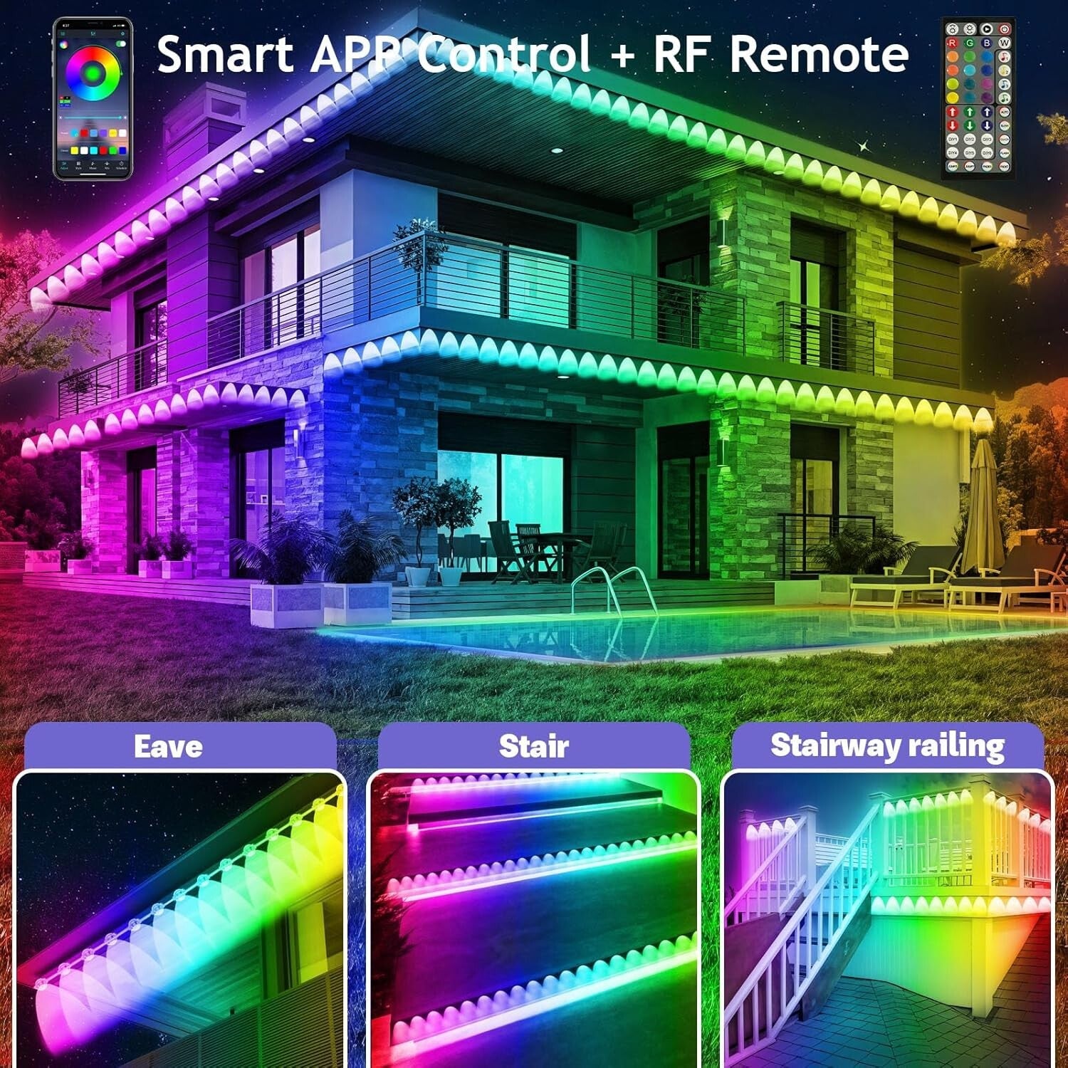 100FT RGB Eaves Lights - Smart App Control with Custom Scenes for Outdoor Decor