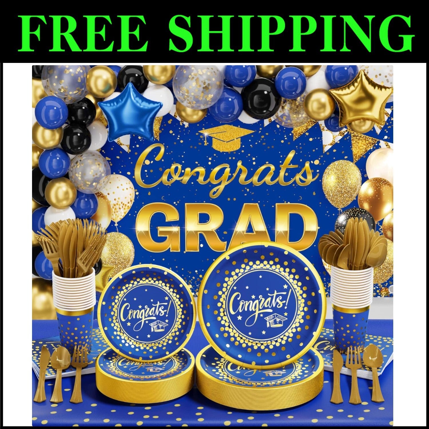 2025 Graduation Party Supplies - 245 PCS Blue & Gold Complete Decoration Kit