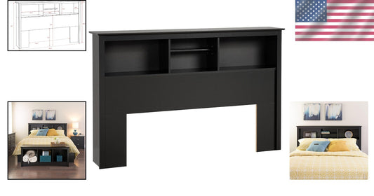 Functional Black Bookcase Headboard for Full/Queen Beds - 3 Storage Compartments