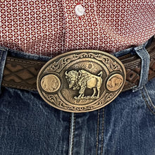 Load image into Gallery viewer, Montana-Made Gunmetal Cowboy Belt Buckle with Copper Buffalo Design