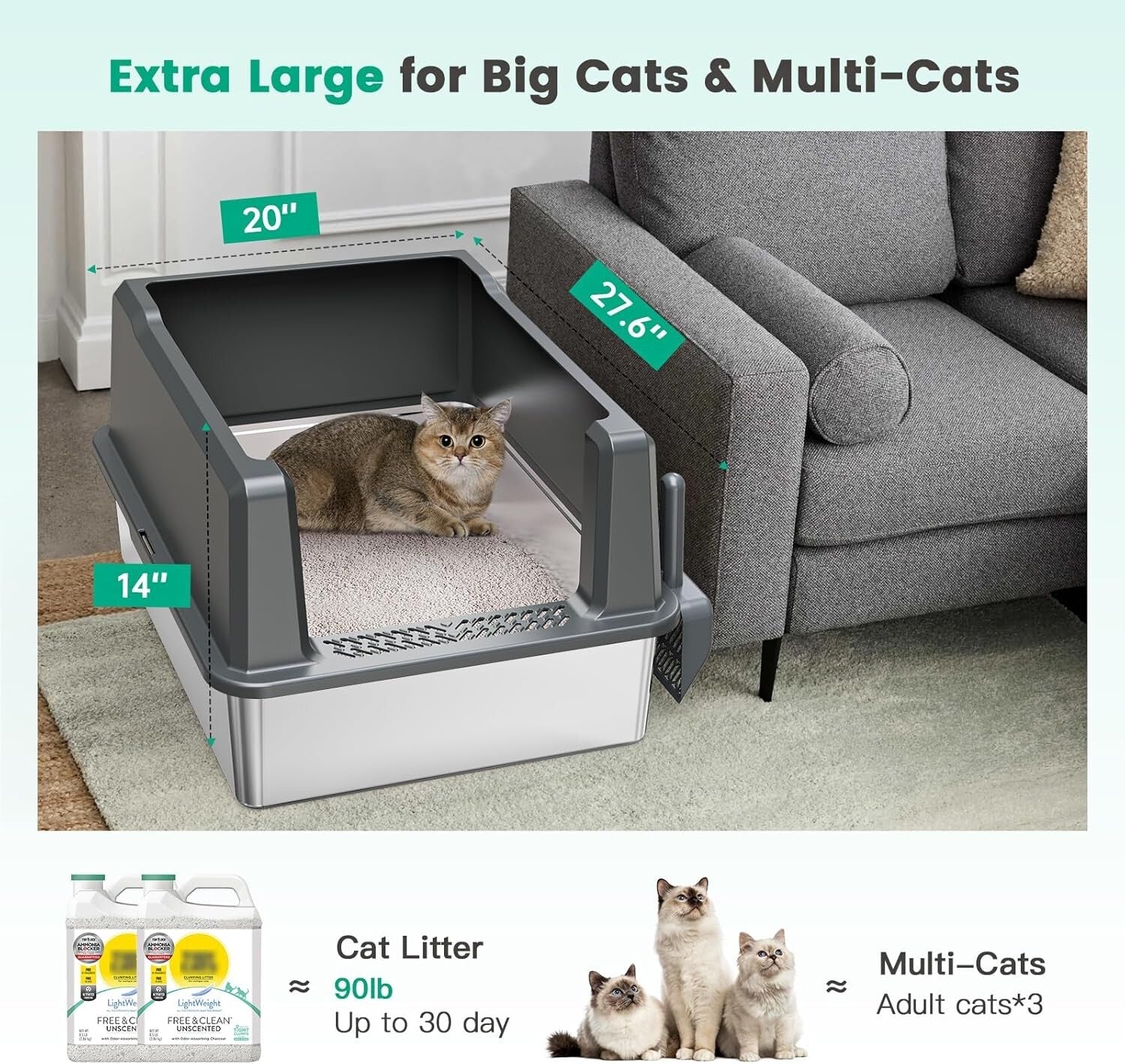 Covered XXL Cat Litter Box - Stainless Steel with High Sides for Leak Protection