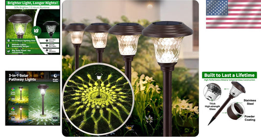 8 Pack Color Changing Solar Pathway Lights - Waterproof Metal & Glass Design