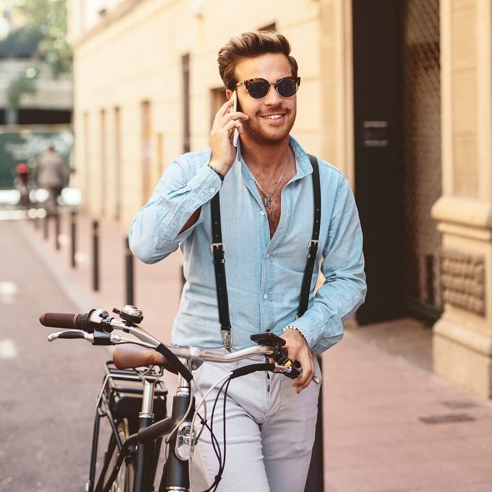 Classic Black Leather Suspenders for Men - Elegant Y Design, 8 Adjustable Sizes