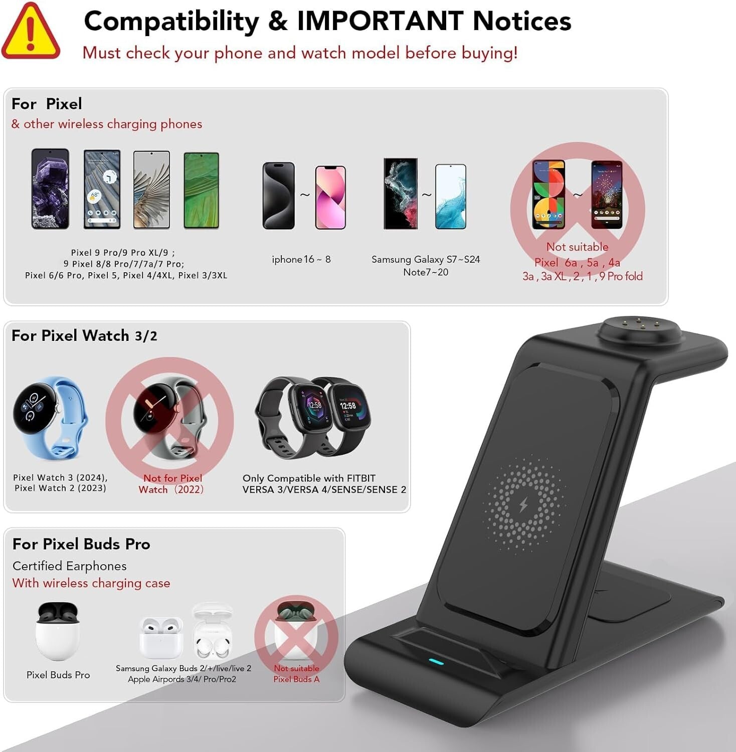 3-in-1 Wireless Charger for Pixel Watch 3/2, Buds & More - Fast Charging Station