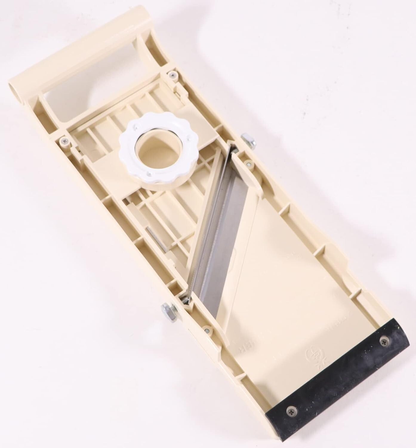 Dishwasher Safe Beige Mandolin Slicer with Comfortable Handle & Non-Skid Base