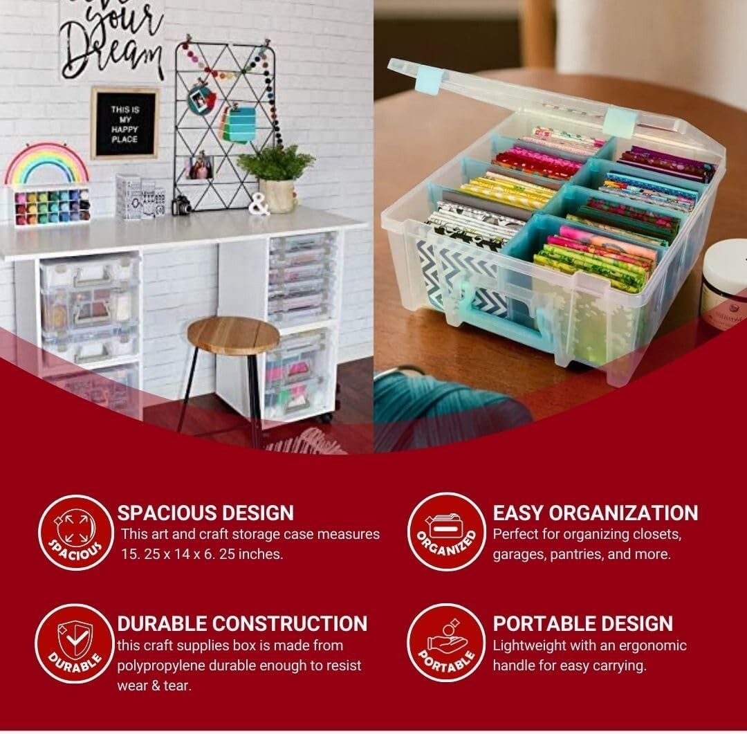 Heavy-Duty Double Deep Craft Organizer with Removable Dividers - Aqua & Clear