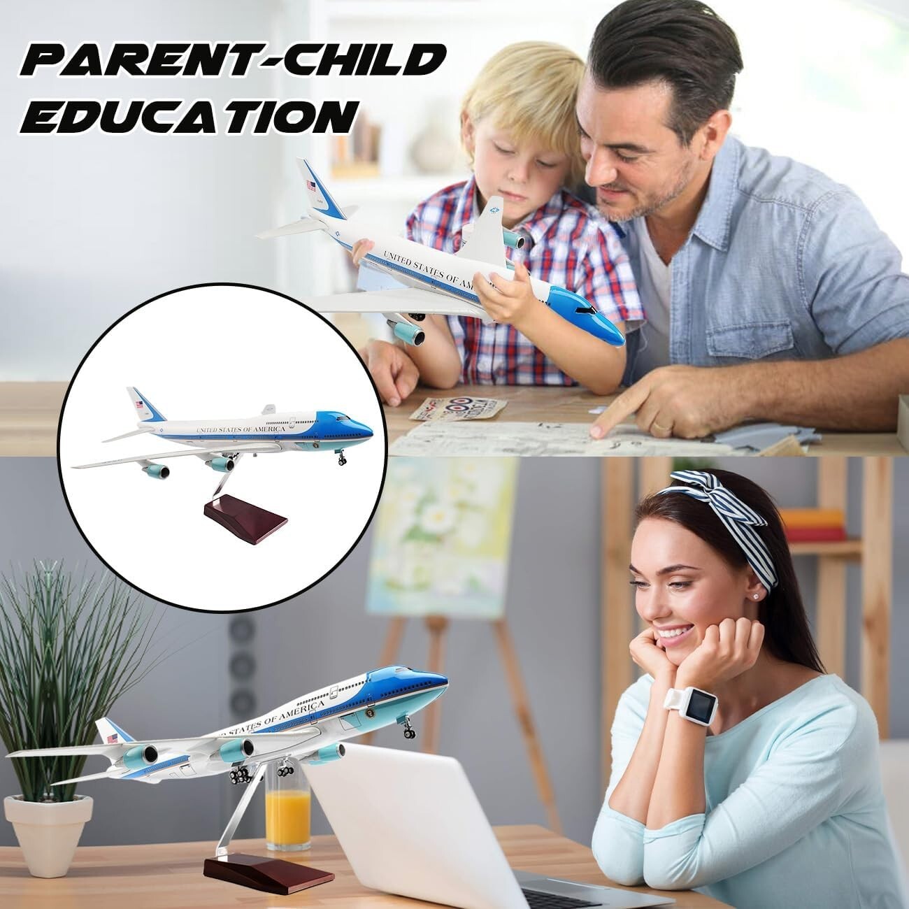 Elegant 18.5" Boeing 747 Diecast Airplane - Voice Control & Cabin Light Features