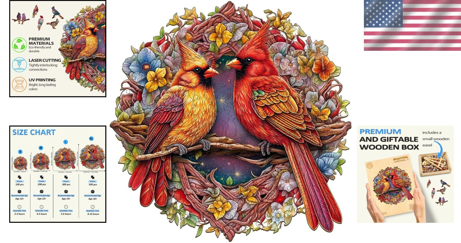 Delightful Cardinal Wooden Puzzle - 300-Piece Family Game Night Essential