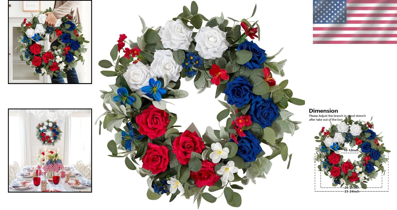 Vibrant 24-Inch Red White Blue Rose Wreath - Perfect for Independence Day