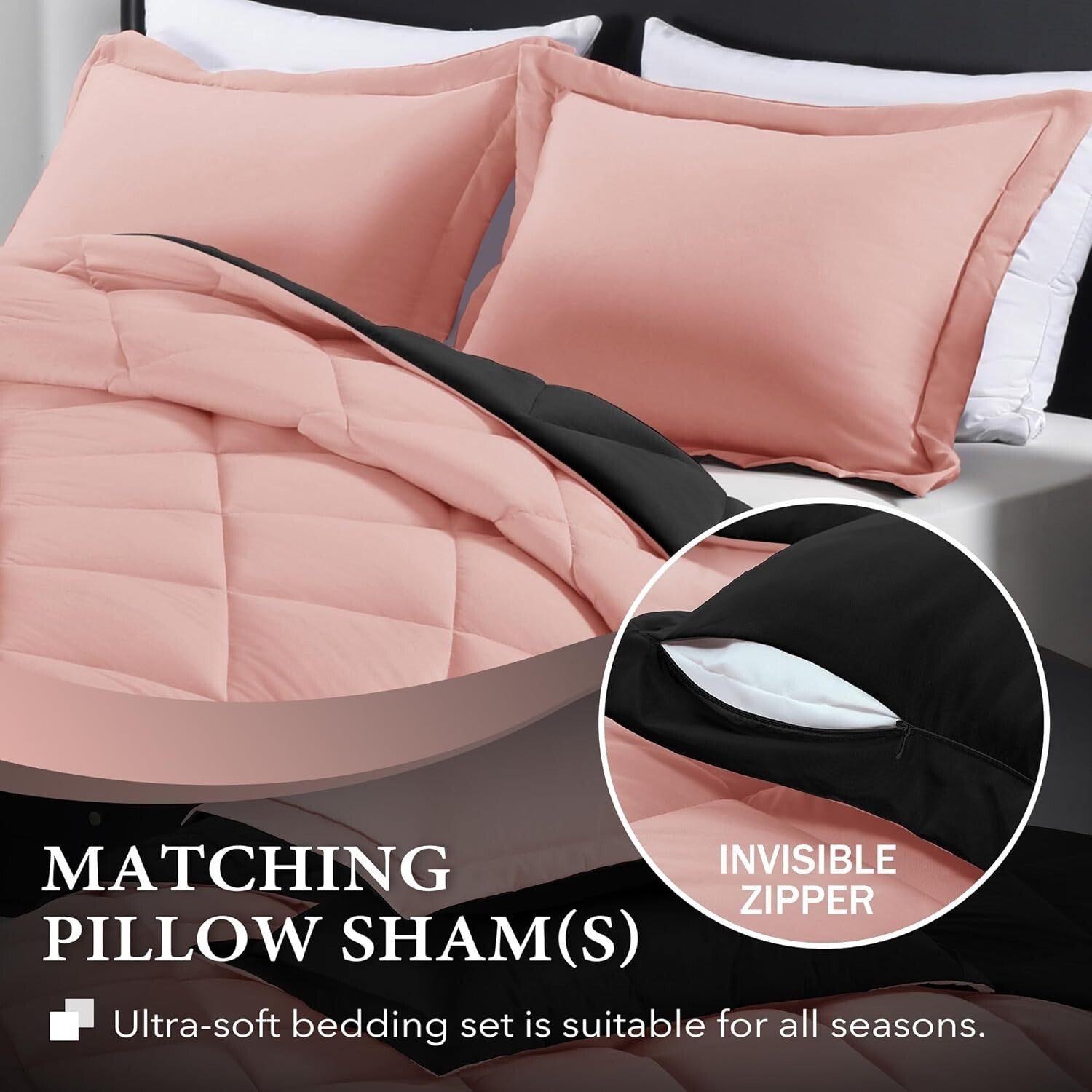 Stylish All-Season 3-Piece King Comforter Set - Pink & Black Reversible Design