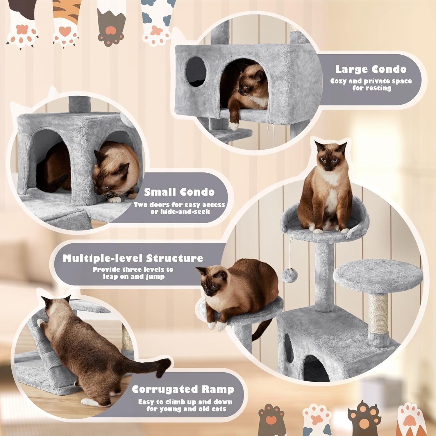 54in Multi-Level Cat Tree with Condos & Scratching Posts - Light Gray Playground