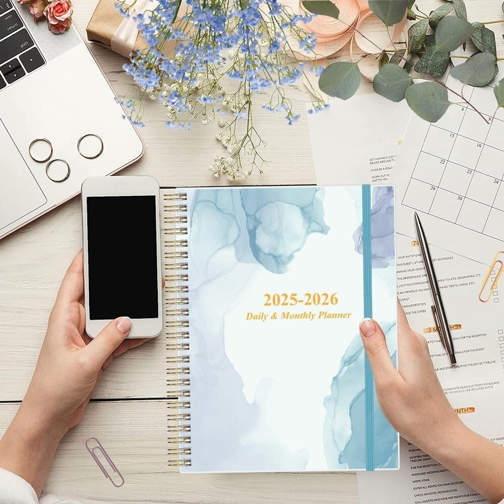 Elegant 2025-2026 Daily Planner with 12 Monthly Tabs - 11" x 8.5" Blue Design