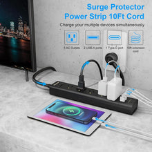 Load image into Gallery viewer, Heavy-Duty 10FT Power Strip with Surge Protection, 5 Outlets, USB C Charging