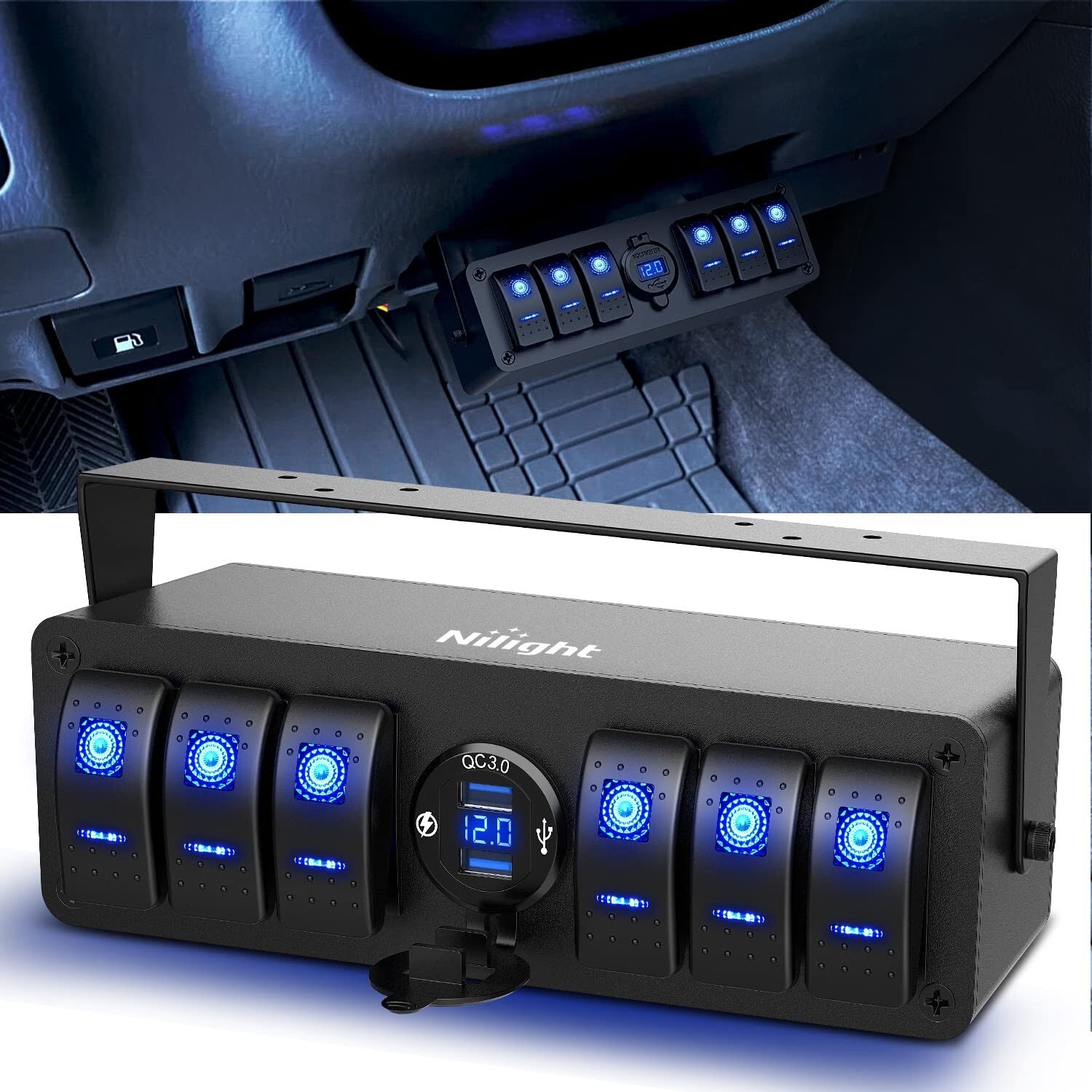 All-in-One 6 Gang SPST Rocker Switch Box with Dual USB & Integrated Voltmeter