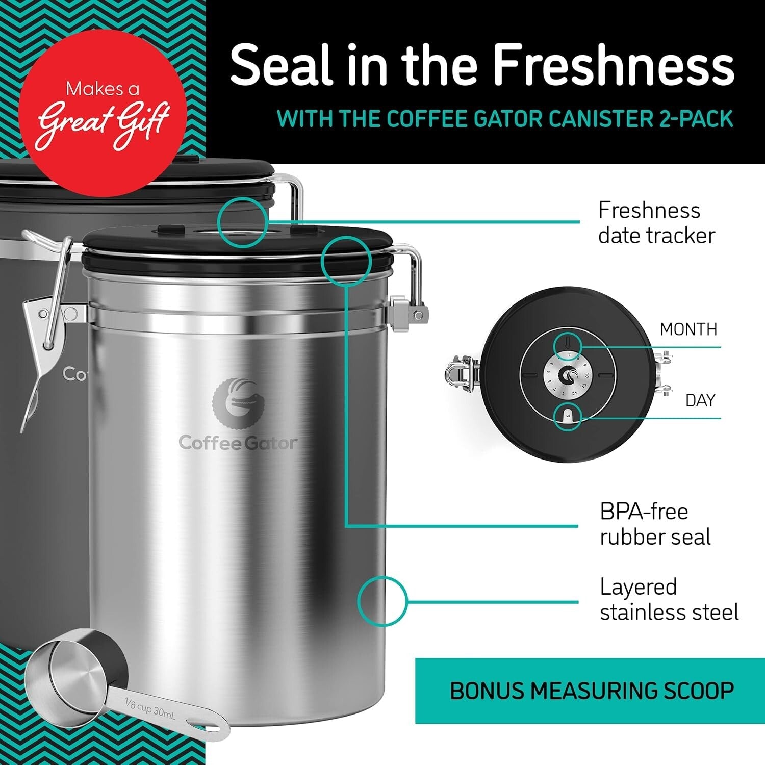 2-Pack Airtight Stainless Steel Coffee Canisters with Date-Tracker and Scoop