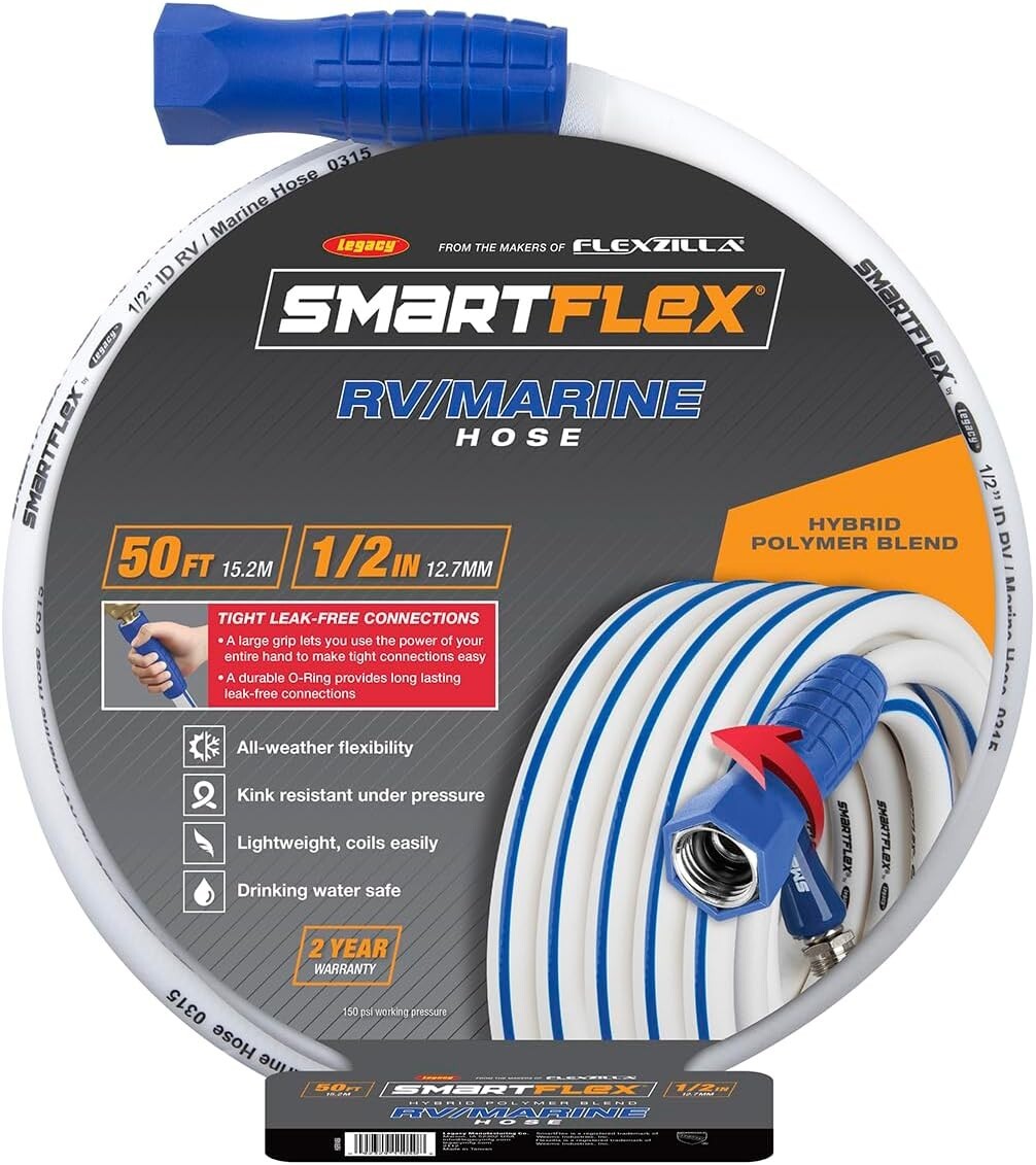 1/2" x 50 ft Hybrid Polymer Water Hose - All-Weather Flexibility for RV & Marine