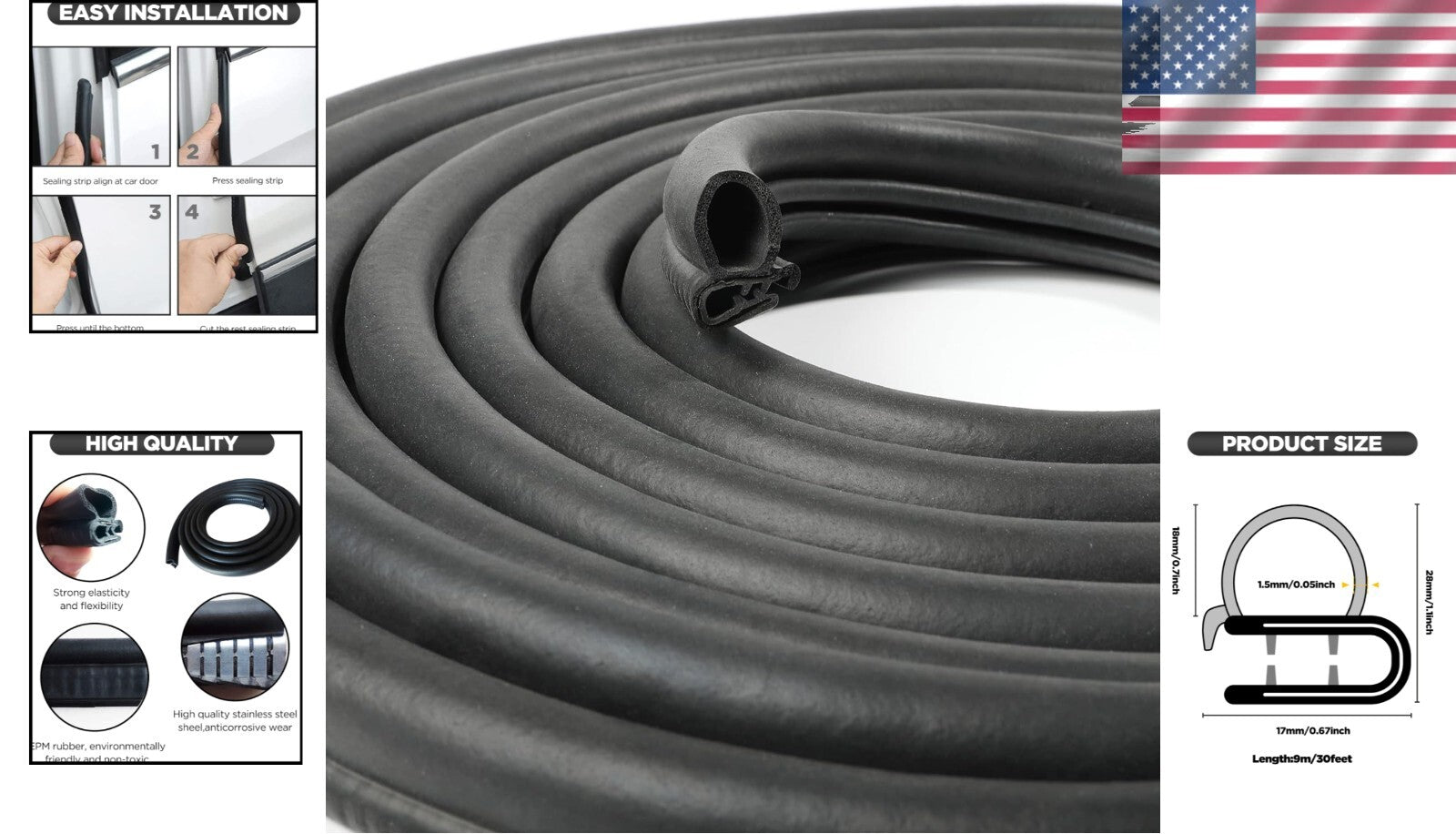 Flexible U-Shaped Rubber Seal Strip for Easy Installation - 30FT Length