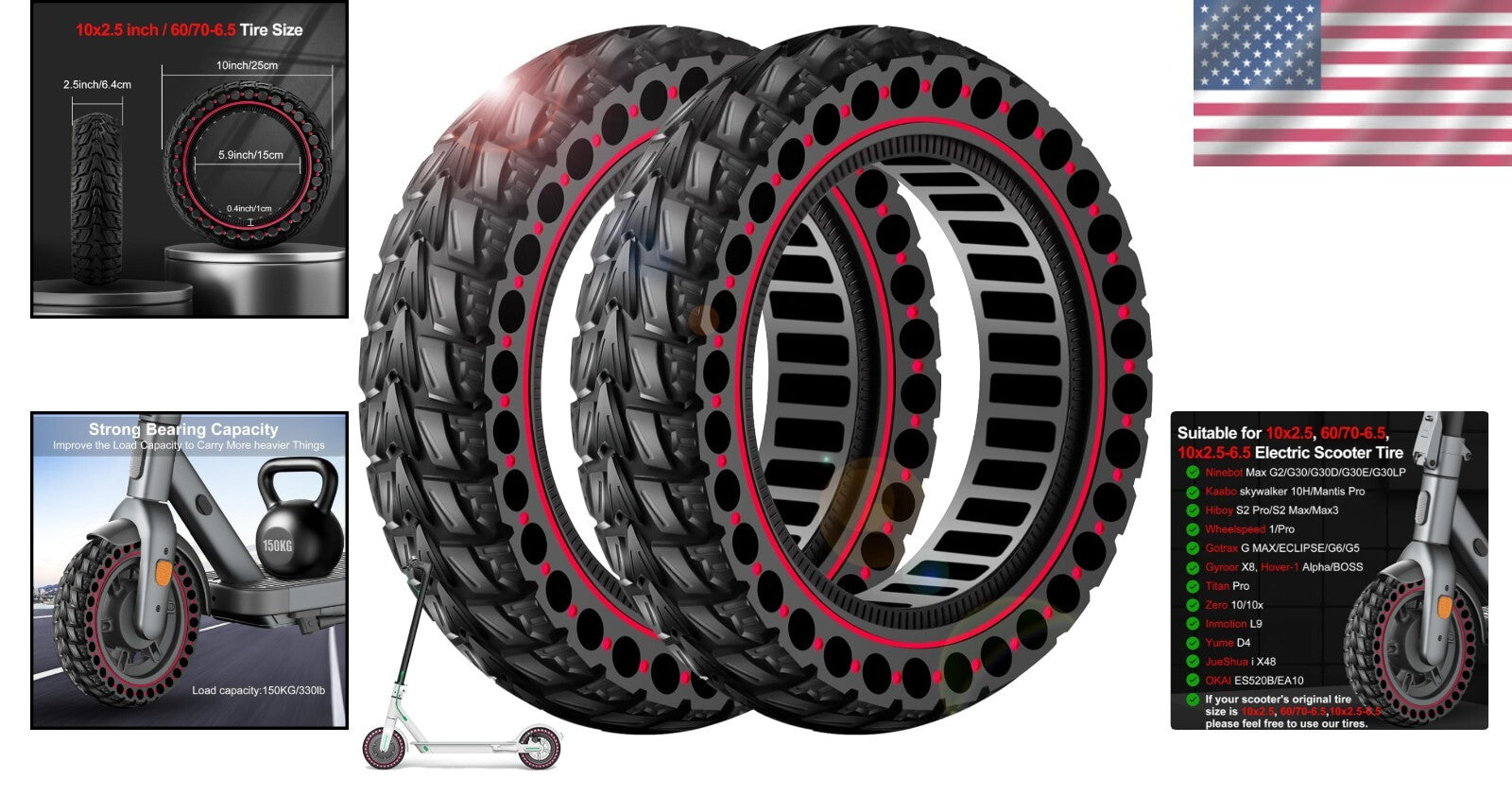 Year-Round 2PCS 10x2.5 Solid Tires for Electric Scooters - Puncture Resistant