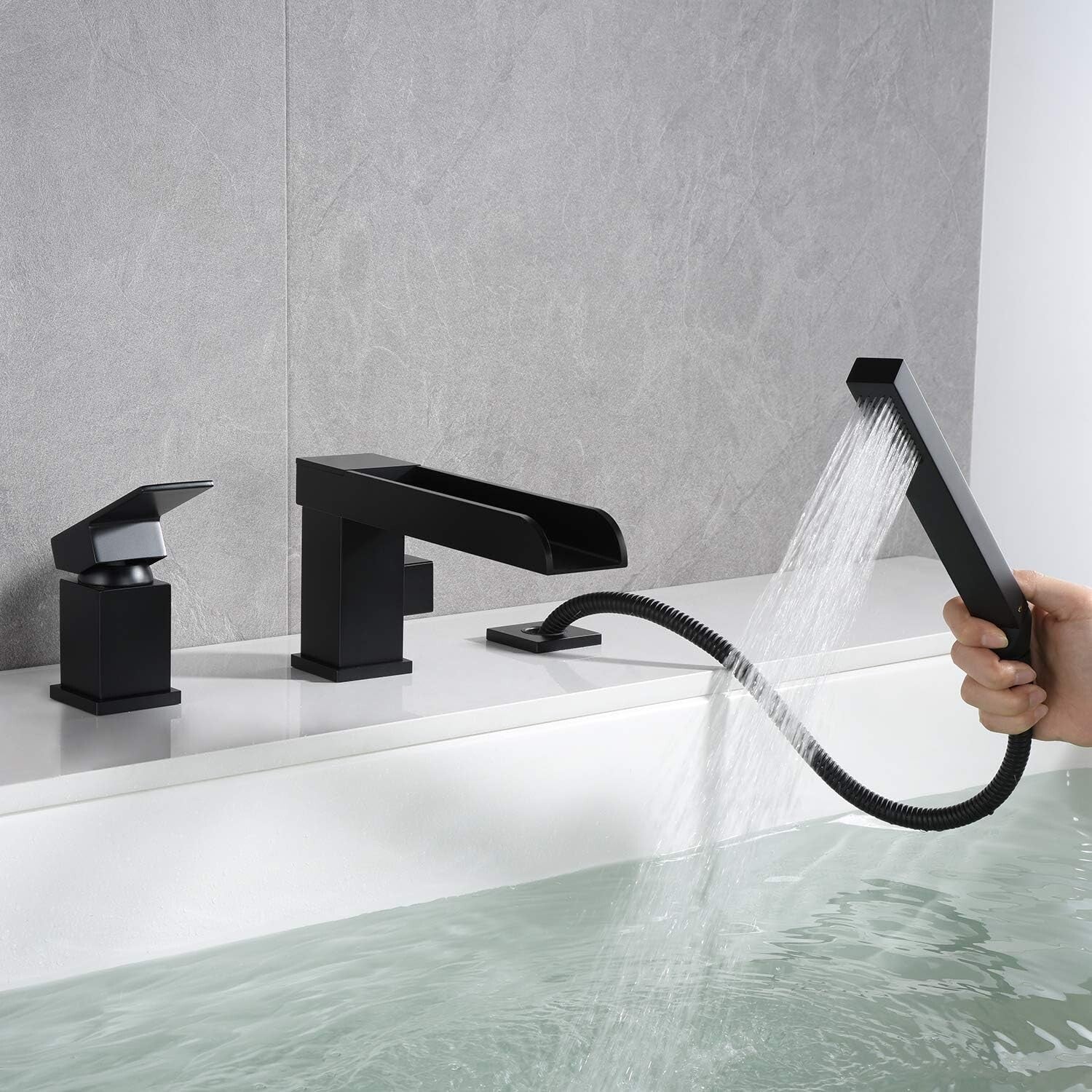 360° Swivel Spout Black Tub Faucet with Hand Shower – Brass Deck Mount Design
