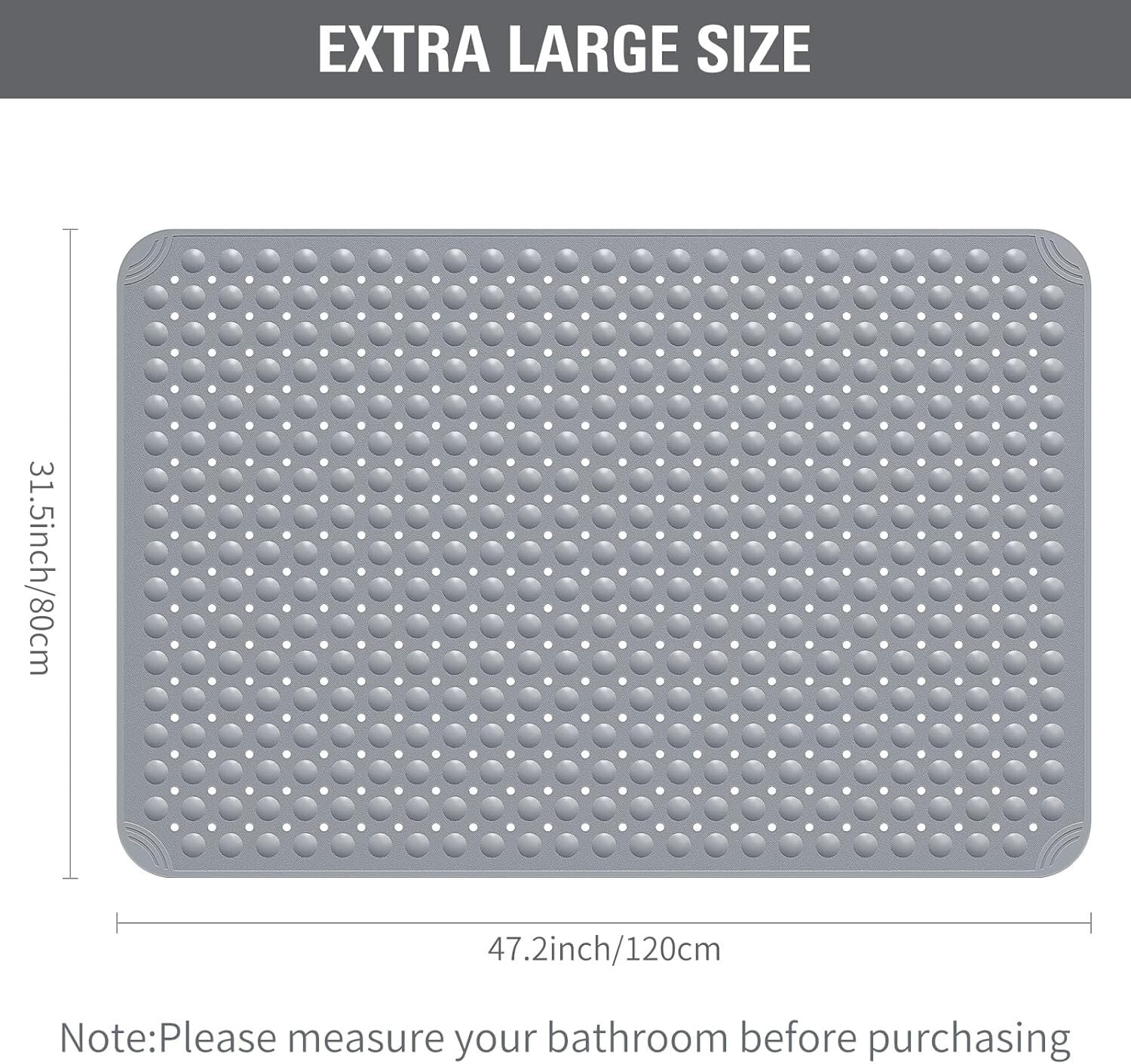 Durable Dark Grey TPE Anti-Slip Shower Mat with Suction Cups - 47.2"x31.5"