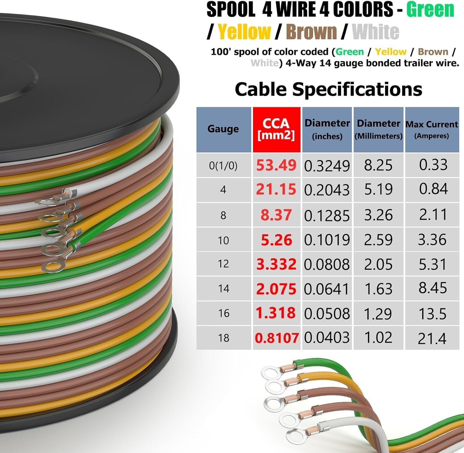 100Ft 14AWG Color-Coded 5-Way Trailer Wiring Harness for Safe Connections