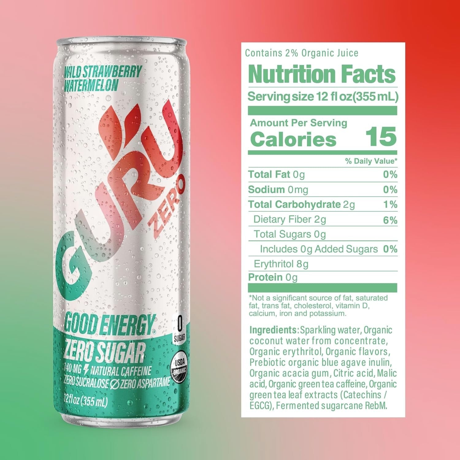 Clean Energy with Zero Sugar: Wild Strawberry Watermelon Organic Energy, 24 Cans