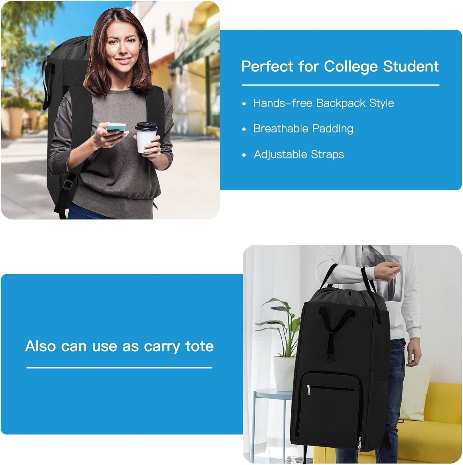 Large Durable Backpack Hamper with Zipper and Drawstring Closure for Easy Use