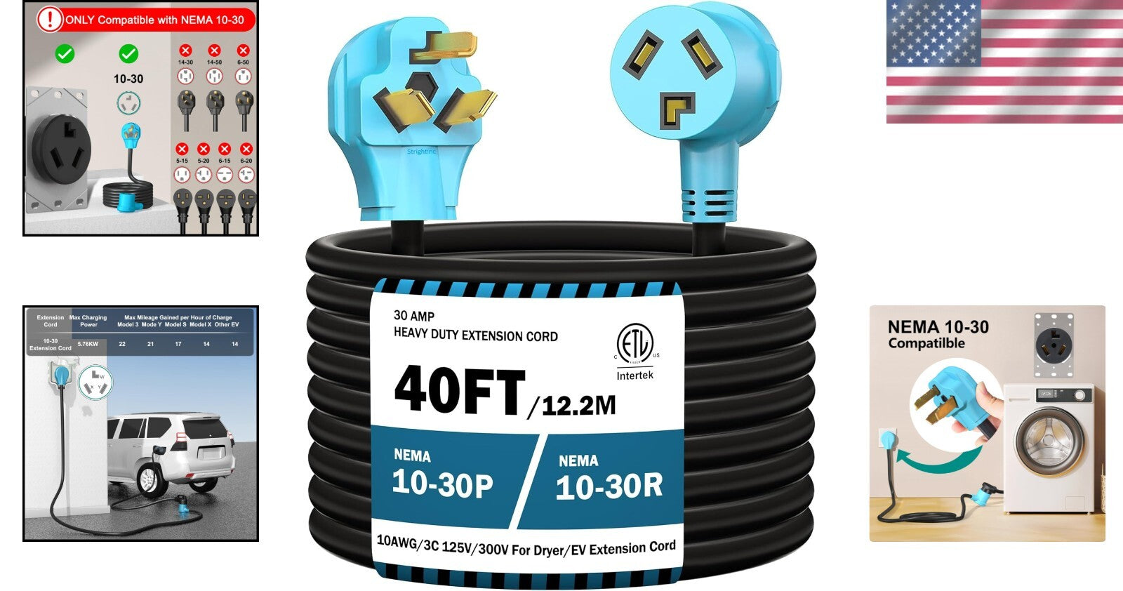 30A 40FT EV Charging/ Dryer Extension Cord - Heavy Duty & Plug-and-Play Design