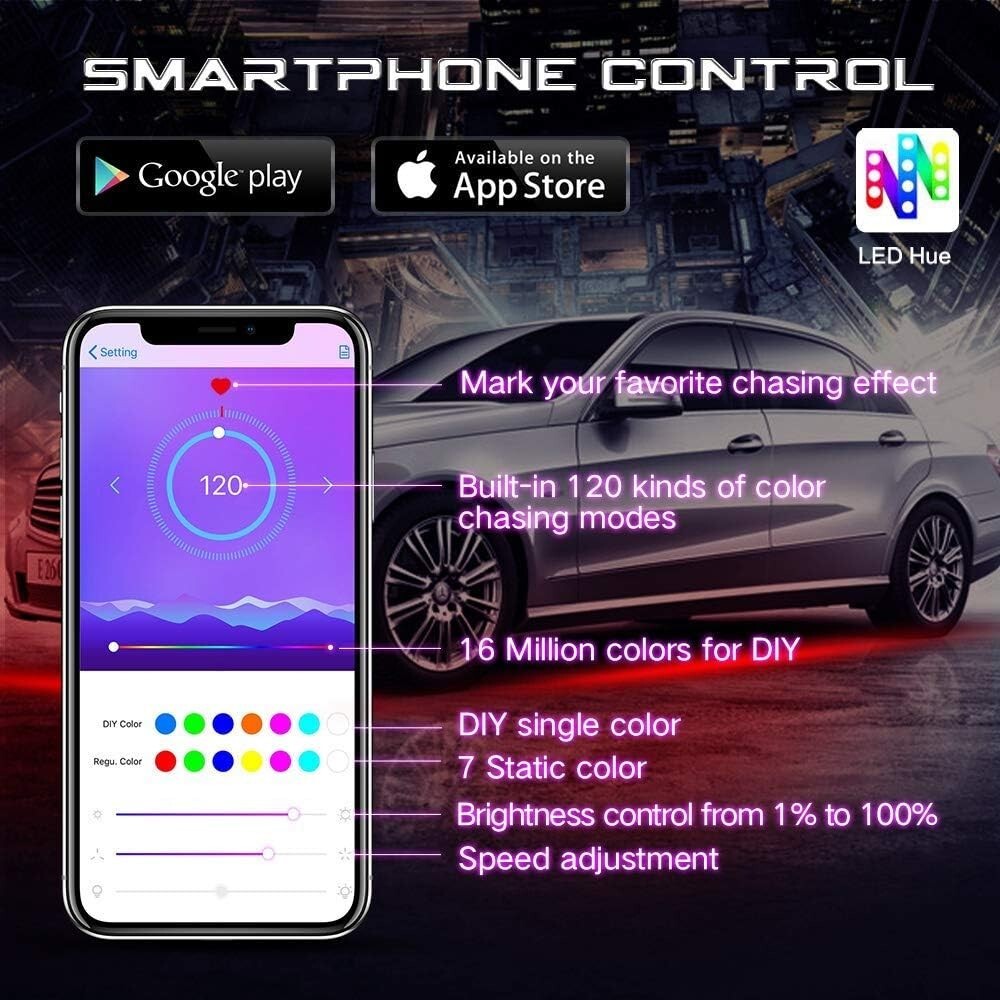 Customizable Bluetooth Car Underglow Lighting - 6 Strips, Waterproof Design