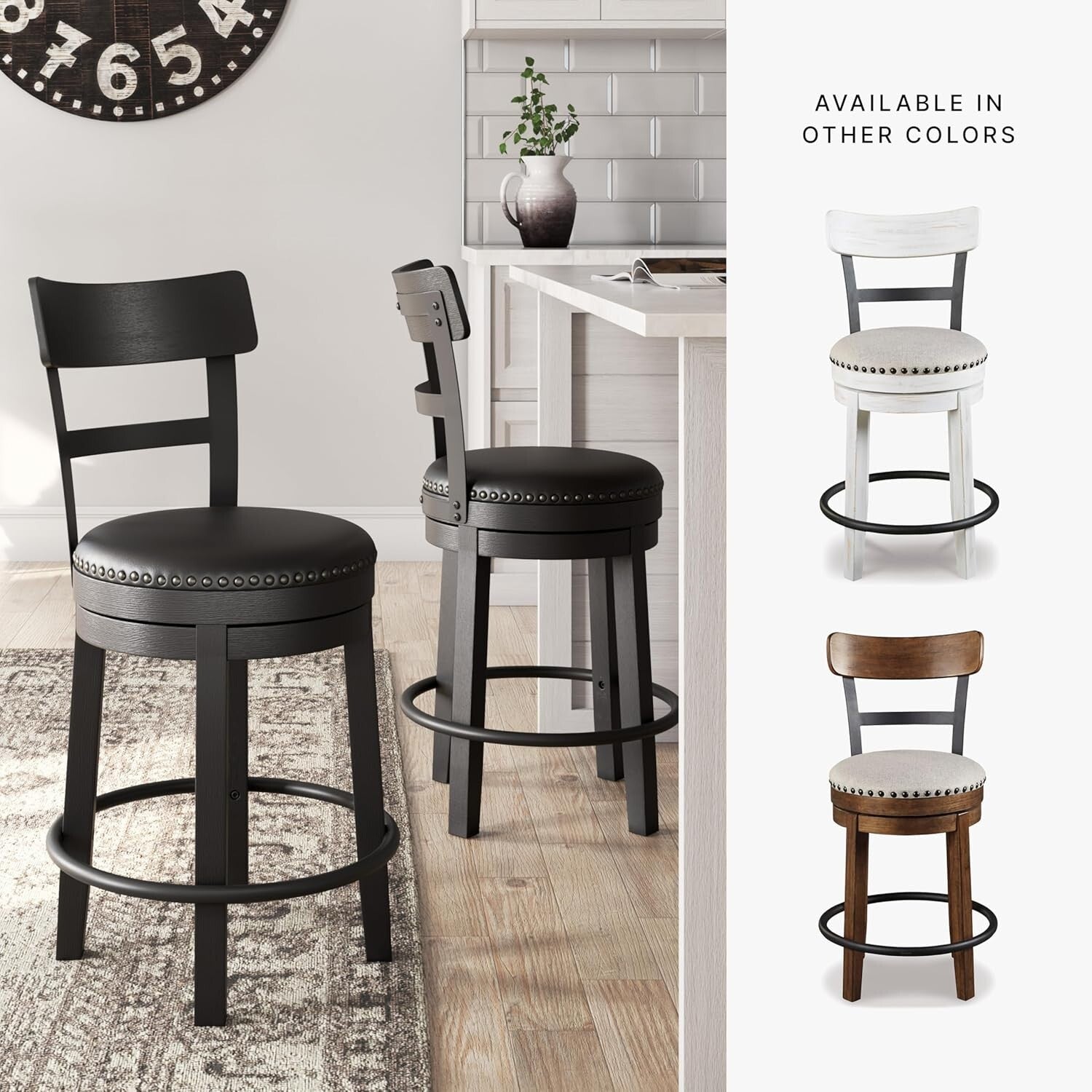 Rustic-Inspired 360° Swivel Barstool - 43.25" Height with Nailhead Trim