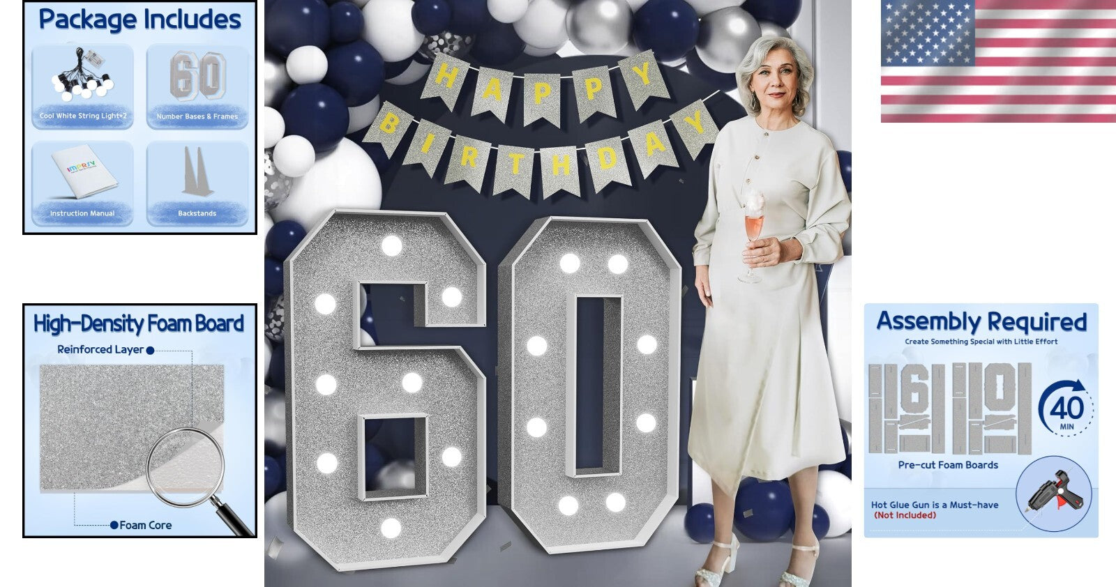 Elegant Large Silver Number 60 Decorations - Perfect for 60th Birthday Bash!