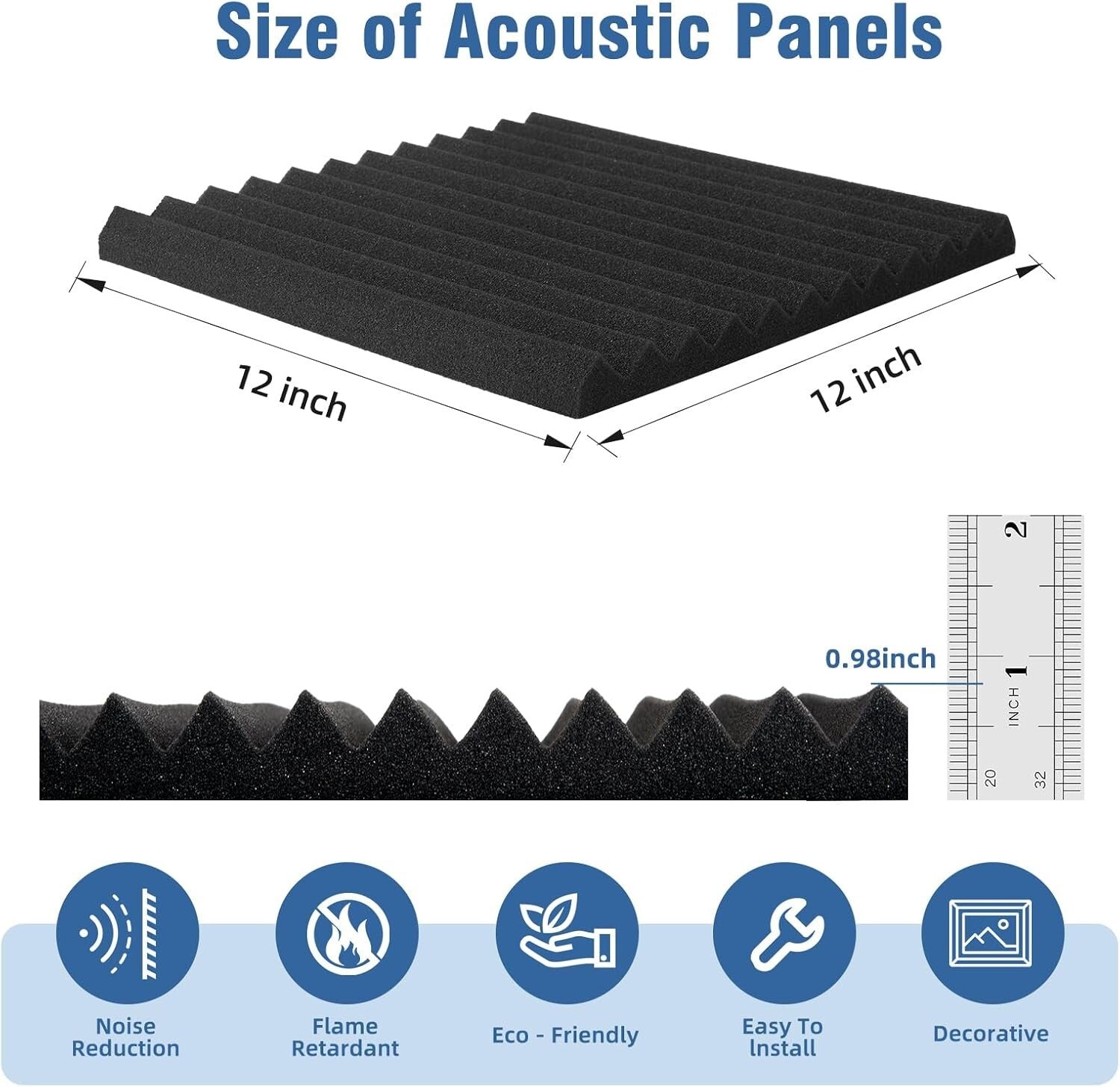 Flexible Installation Acoustic Foam Panels - 100 Pack, Adhesive Backing Included