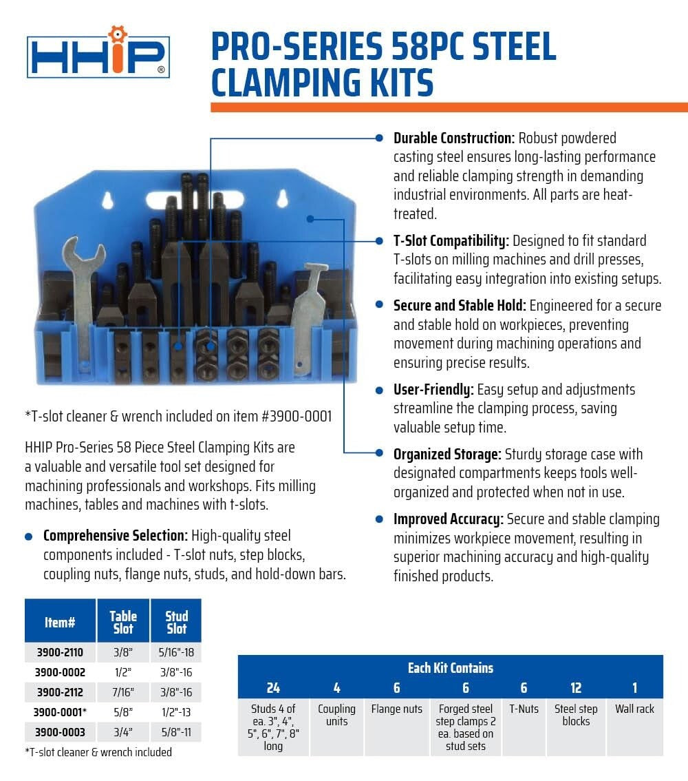 Durable 58-Piece Clamping Kit with Heat-Treated Components for Precision Work