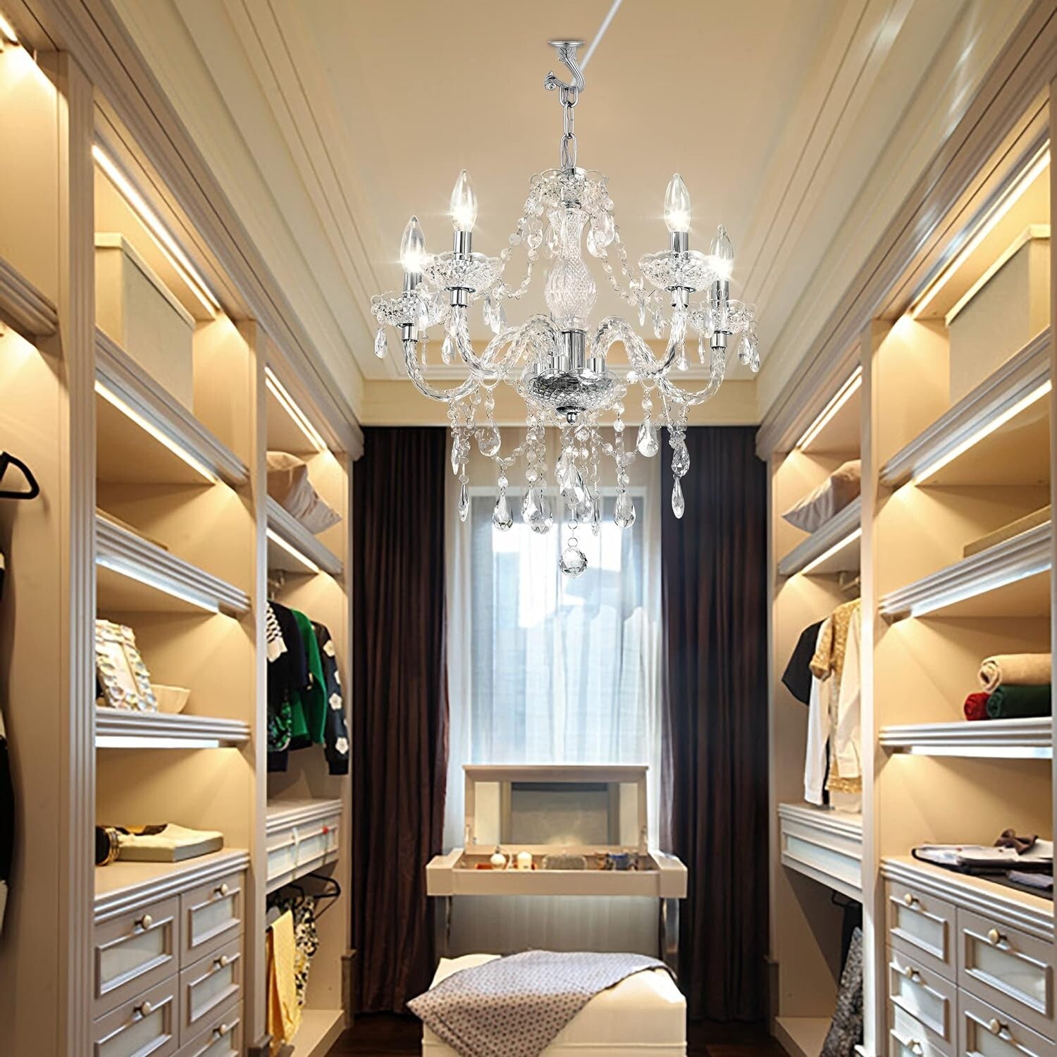 Elegant Acrylic Crystal Chandelier - Plug-In 5 Light Pendant with Clear Cord