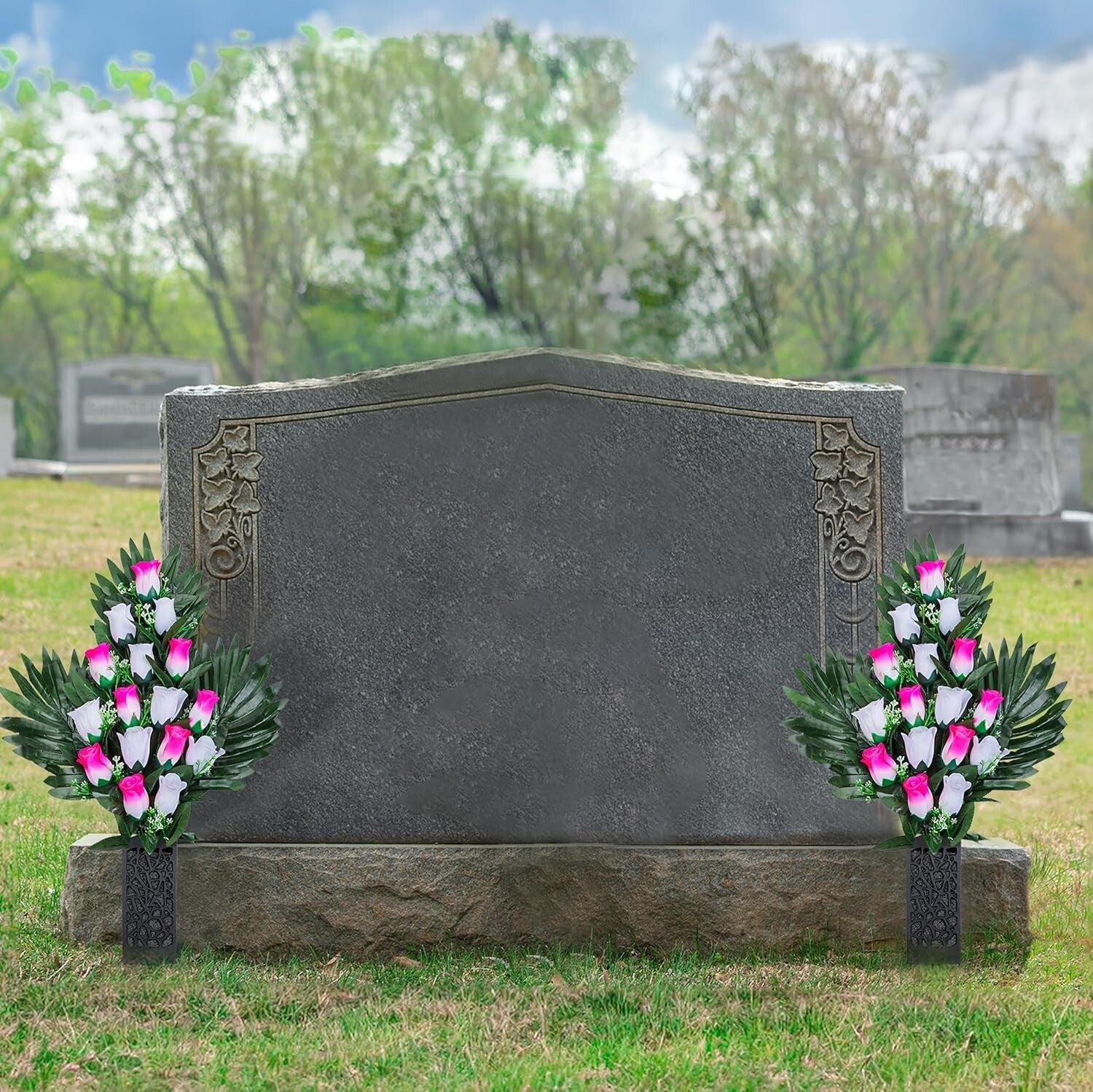 Beautiful Memorial Roses - 2 Sets of Artificial Cemetery Flowers with Vases