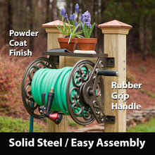 Load image into Gallery viewer, Compact Wall-Mounted Bronze Garden Hose Reel - Includes Tool Shelf &amp; Leader Hose