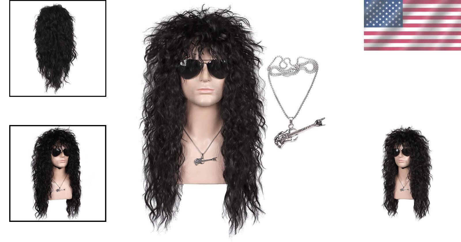 Adjustable Long Black Wig with Necklace - Perfect for 80s Cosplay & Fashion
